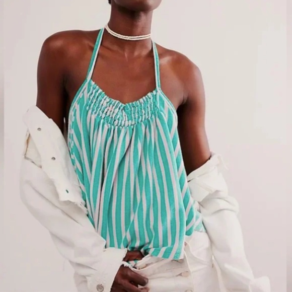 FREE PEOPLE WE THE FREE WOMENS COASTAL TOWN HALTER TIE TANK TOP STRIPED LARGE - Picture 1 of 4